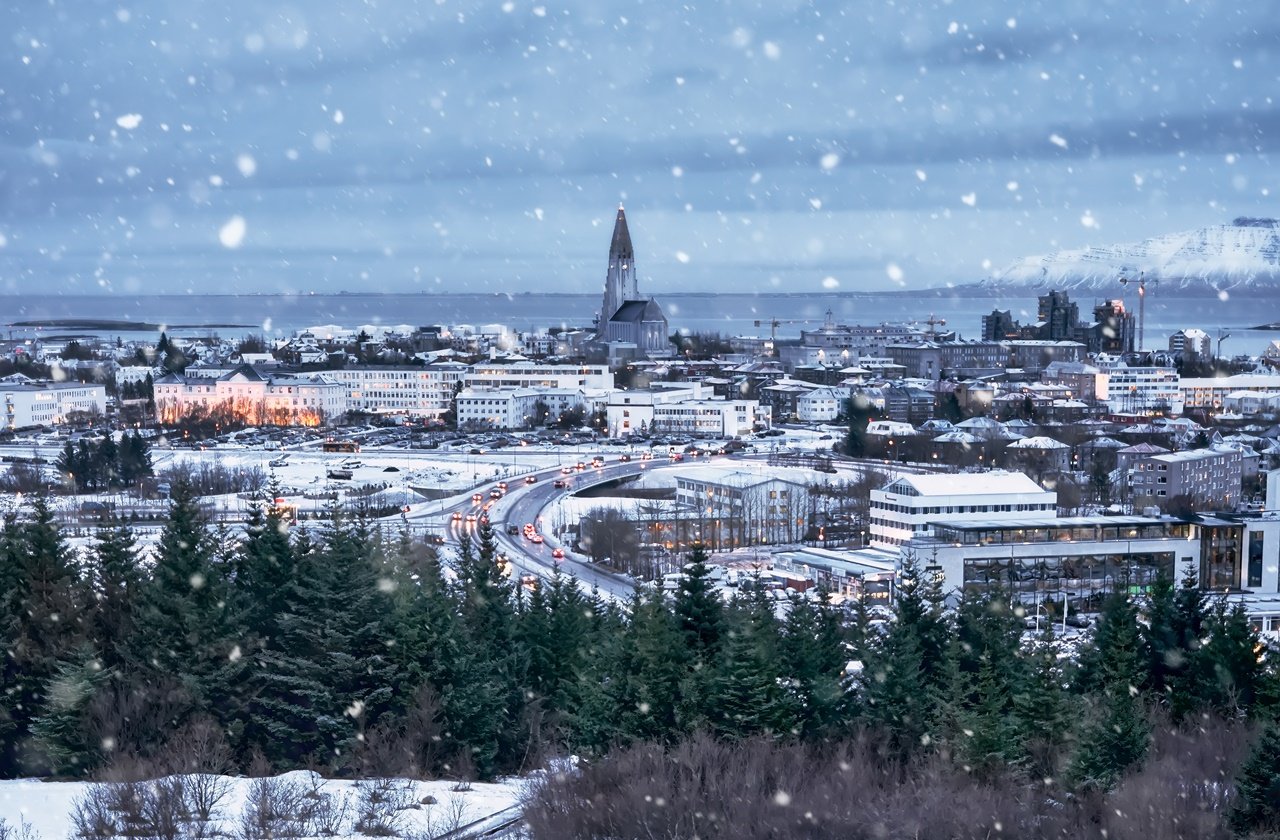 Aerial view of Reykjavik Iceland during Christmas