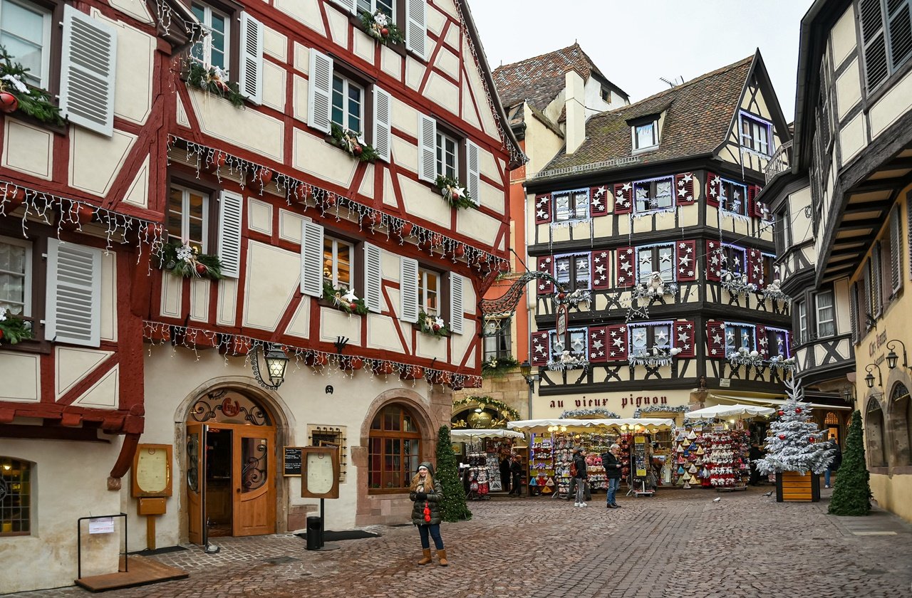 Iconic buildings of Colmar decorated with Christmas lights