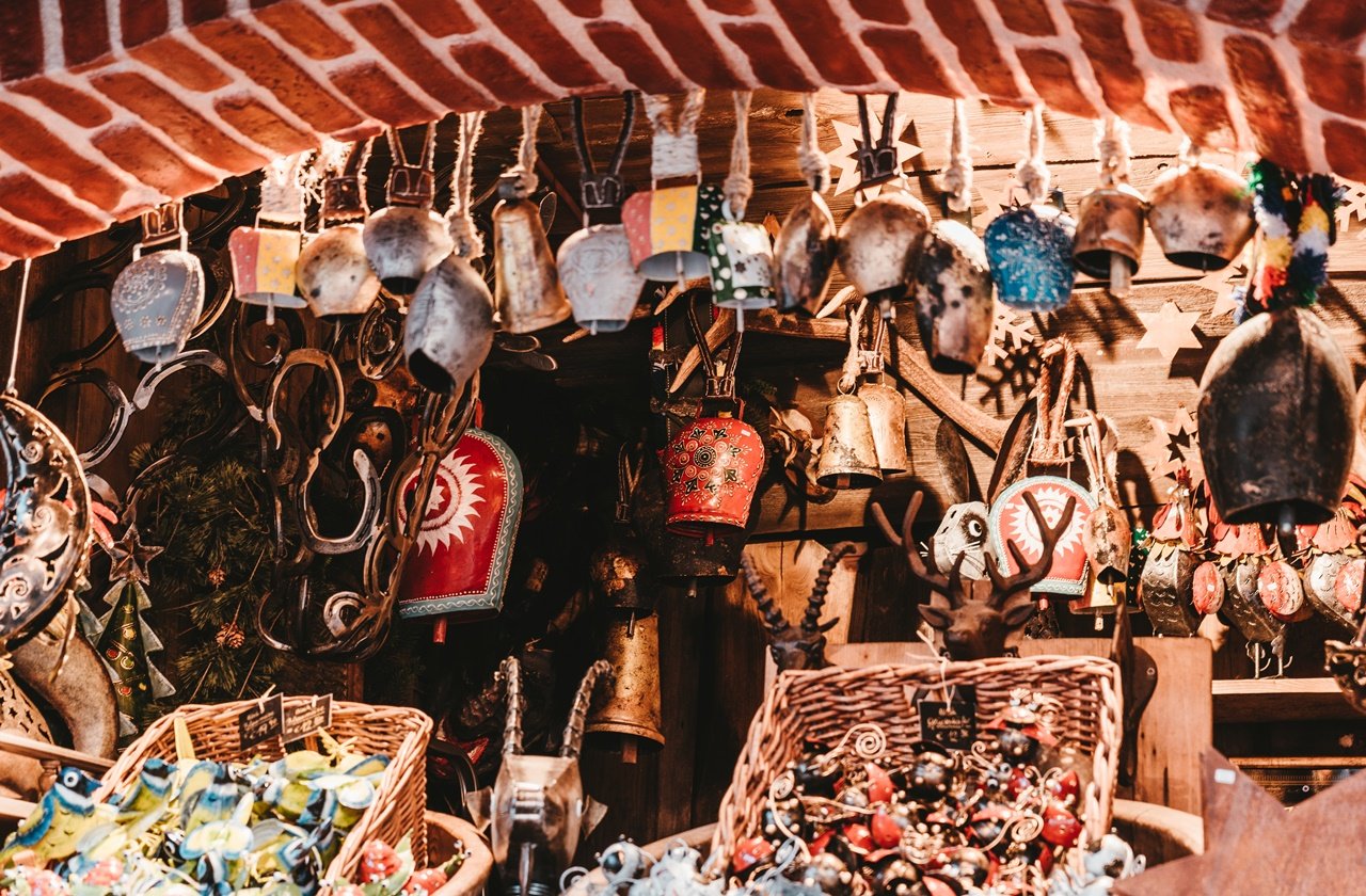 Christmas bells and other ornaments sold at a market in Salzburg