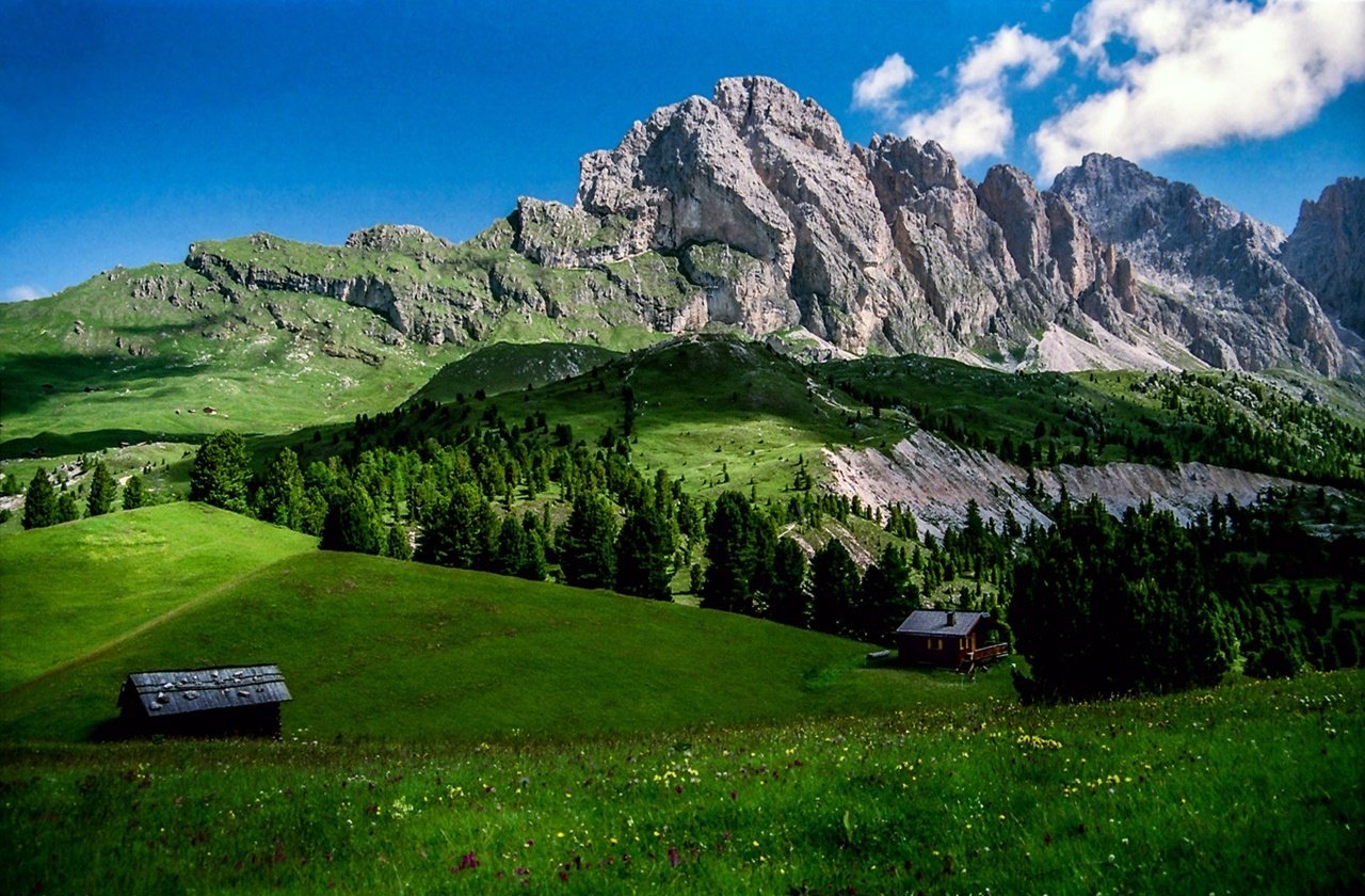 View of the Dolomites in the Italian Alps from a meadow
