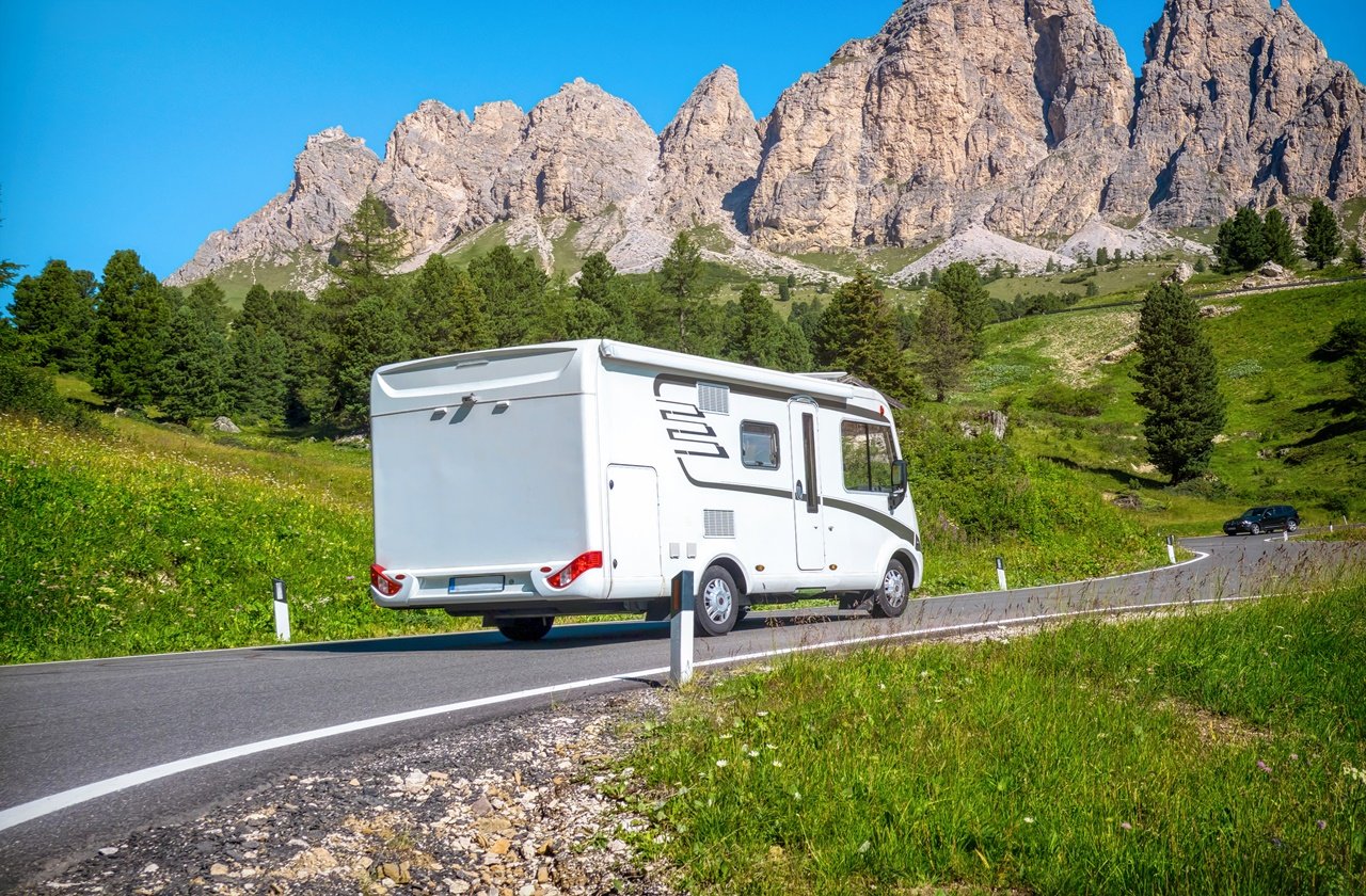RV camper on the way to a campsite in South Tyrol