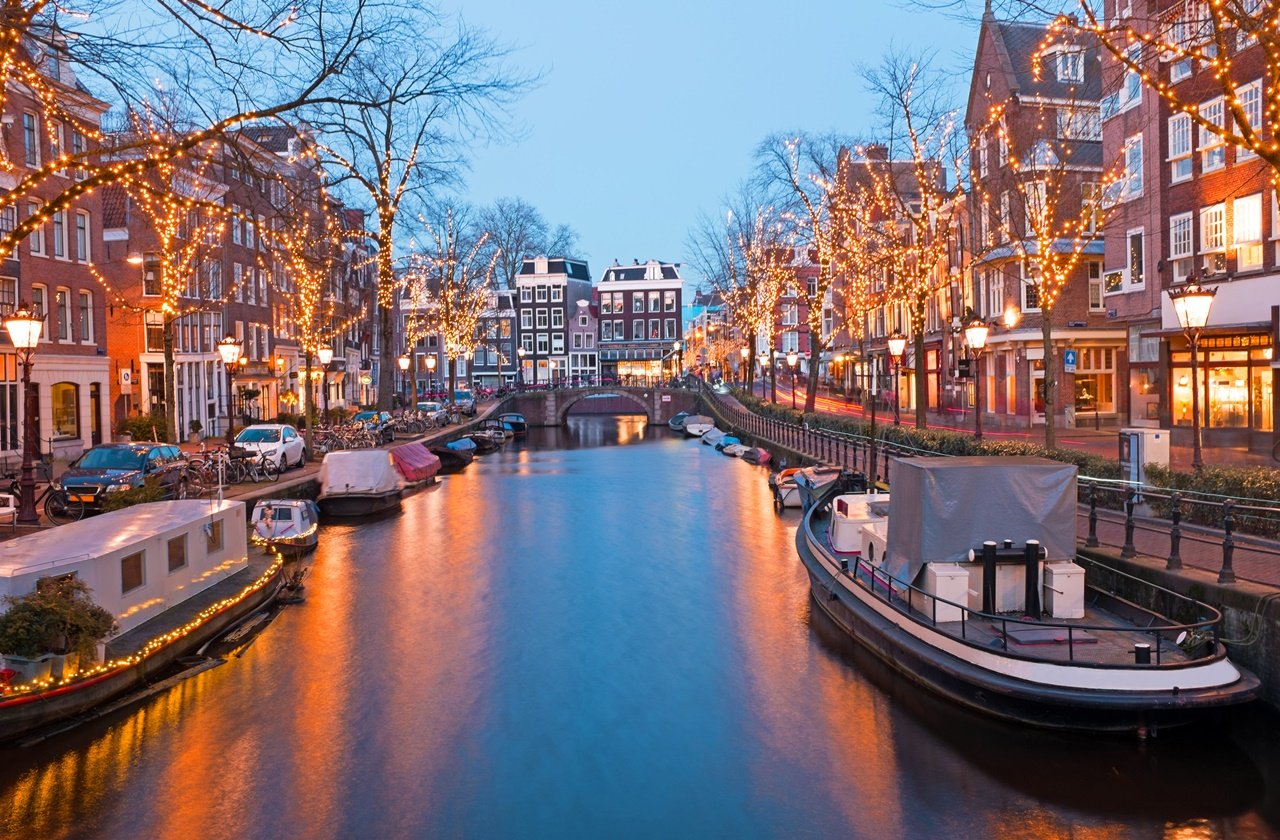 View of the canals in Amsterdam during Christmas season