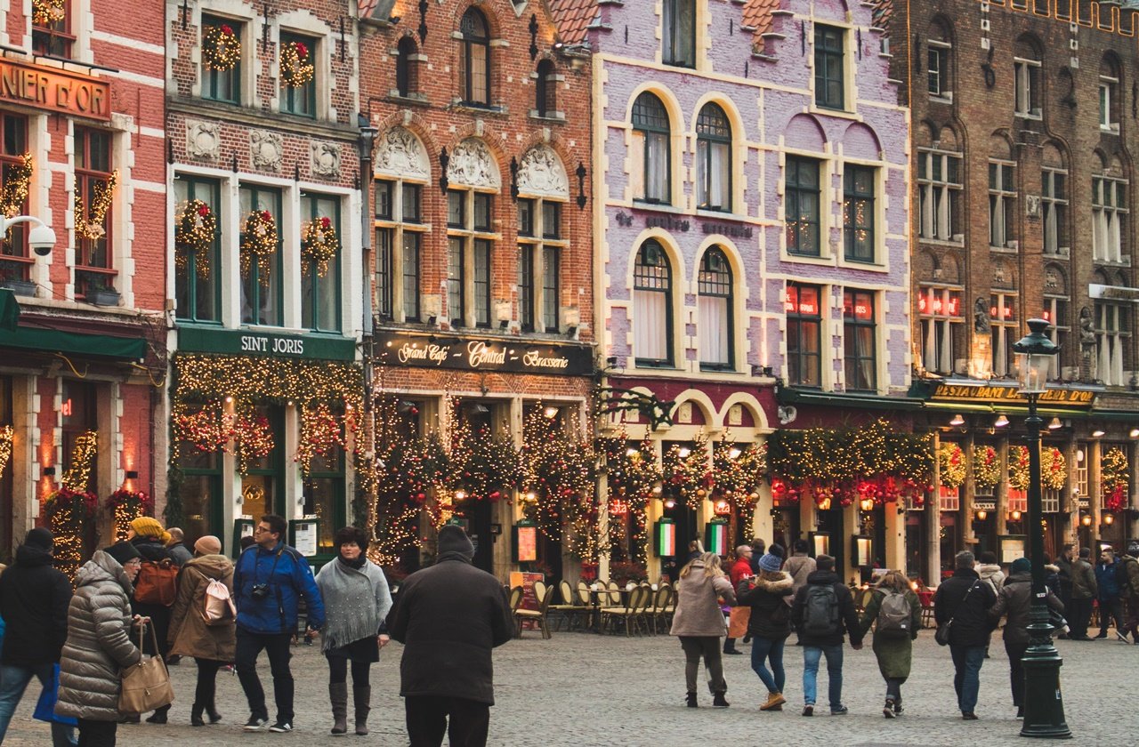 Colorful buildings in Bruges decorated for Christmas