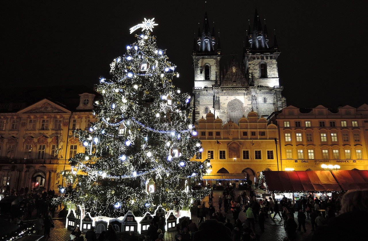 Christmas tree at a market in Prague at night