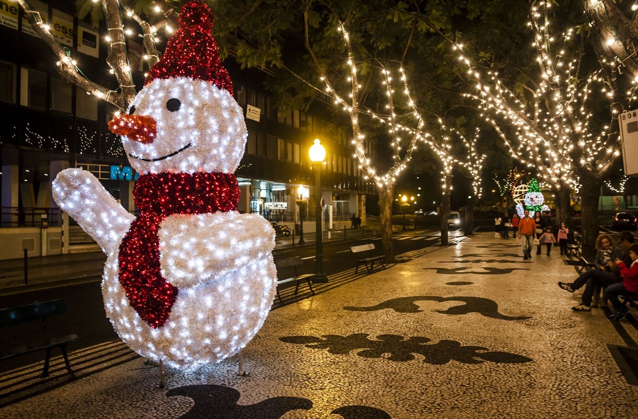 Streets of Funchal in Madeira adorned with Christmas decorations