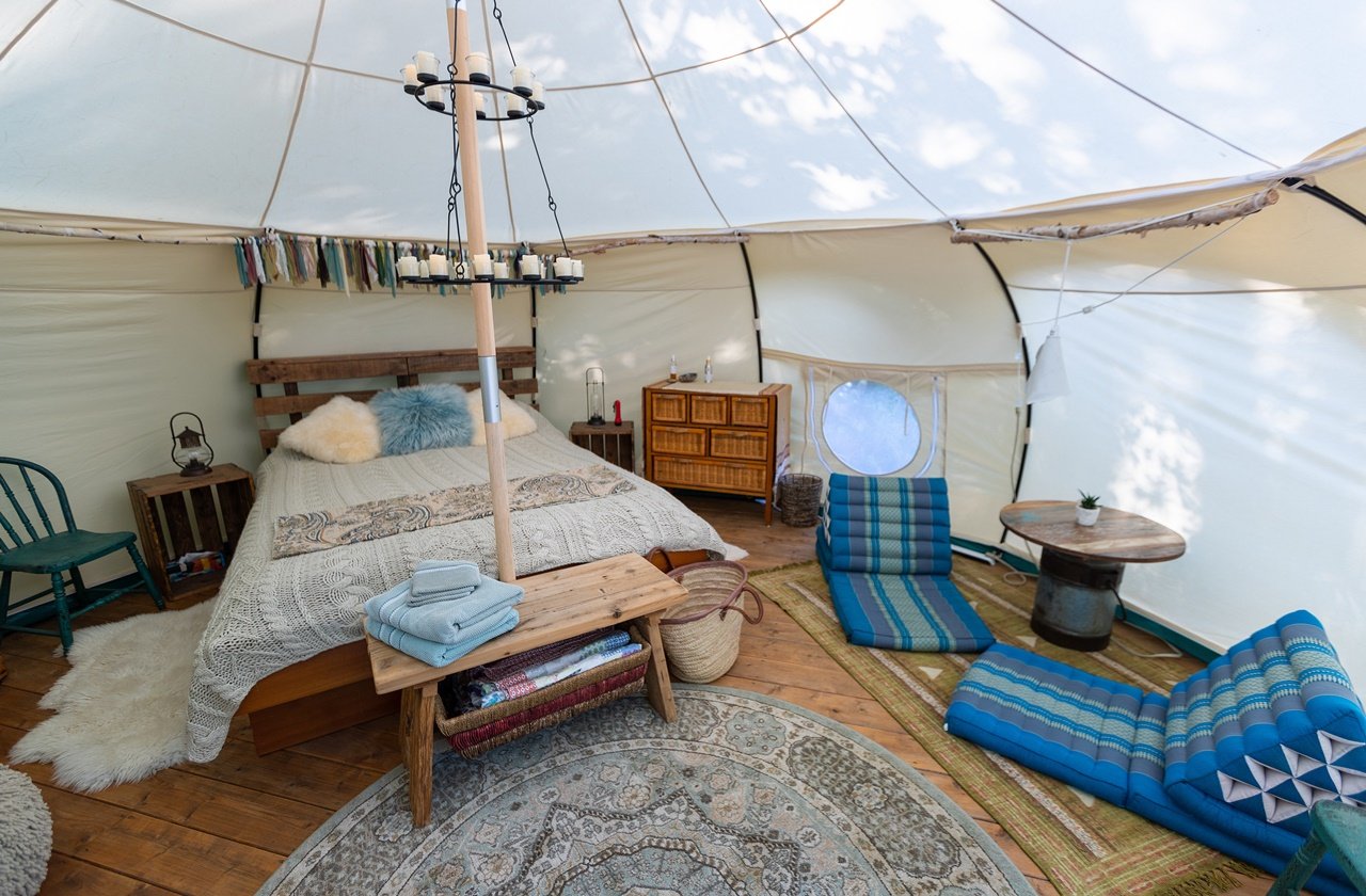 View inside a glamping tent