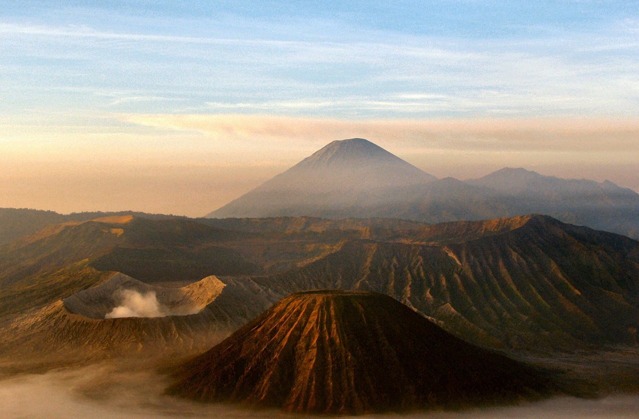 Aerial view of Mount Semeru and Mount Merapi in Indonesia