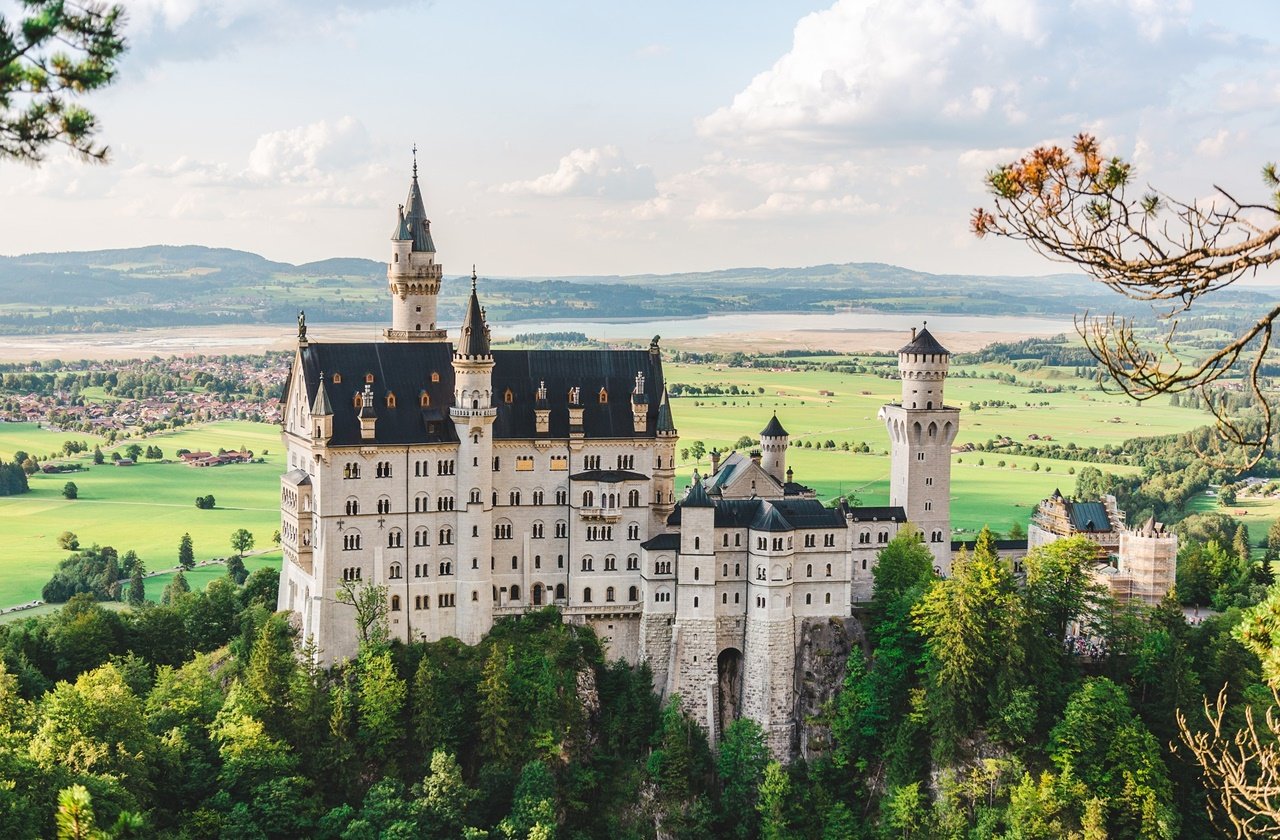 View of Neuschwanstein Castle overlooking the Bavarian Alps