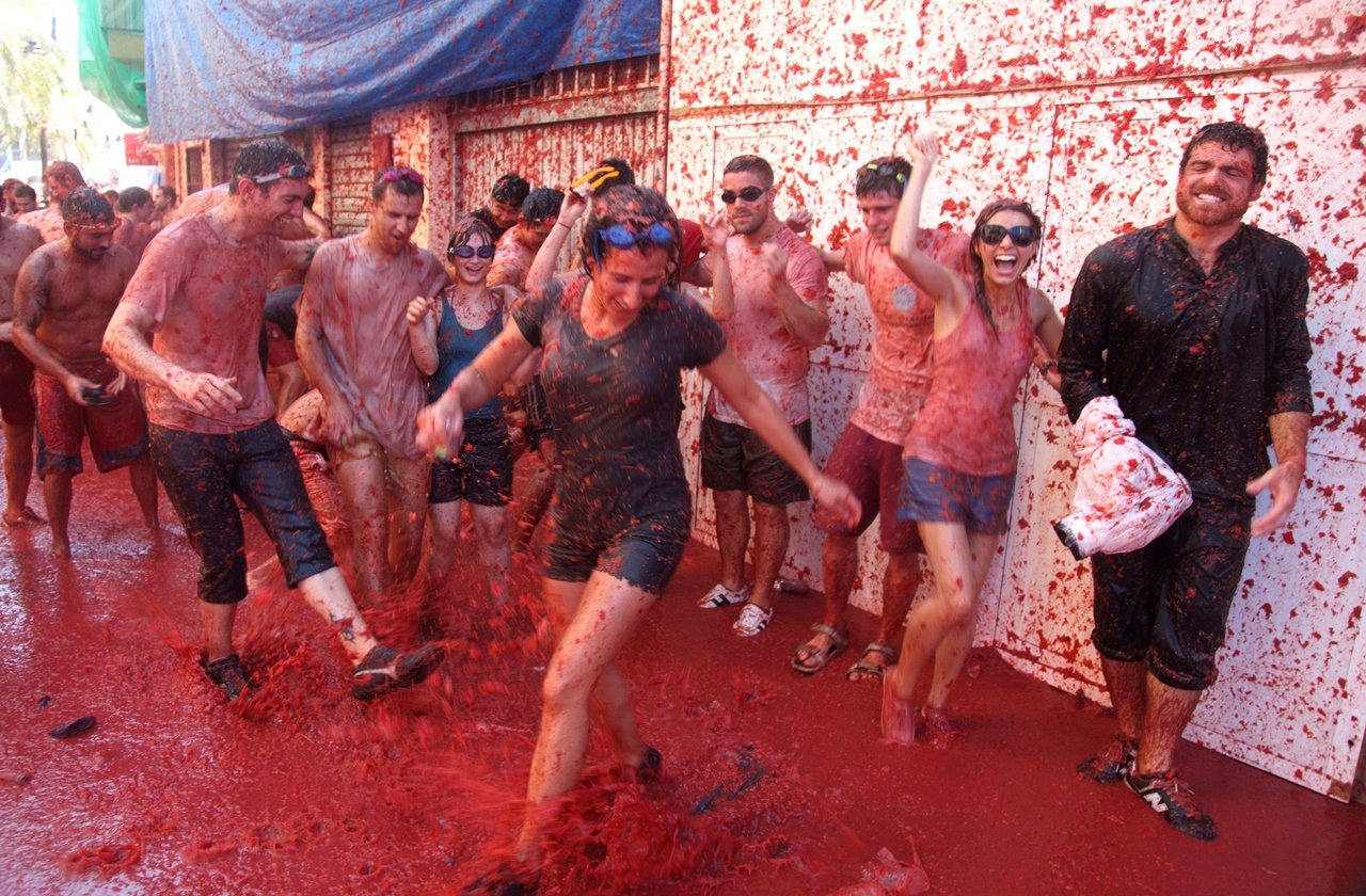 La Tomatina Festival Locals at a street in Buñol during the La Tomatina Festival