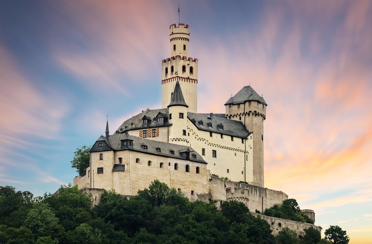 View of Marksburg Castle during sunset