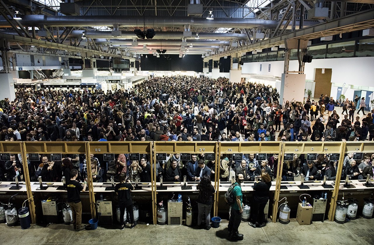 Barcelona Beer Festival Stalls selling beer and other local products at the Barcelona Beer Festival