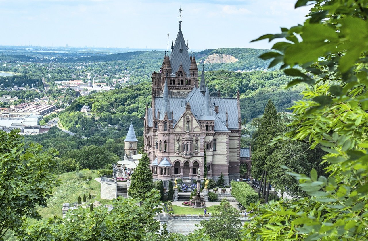 View of Drachenburg Castle and its turrets
