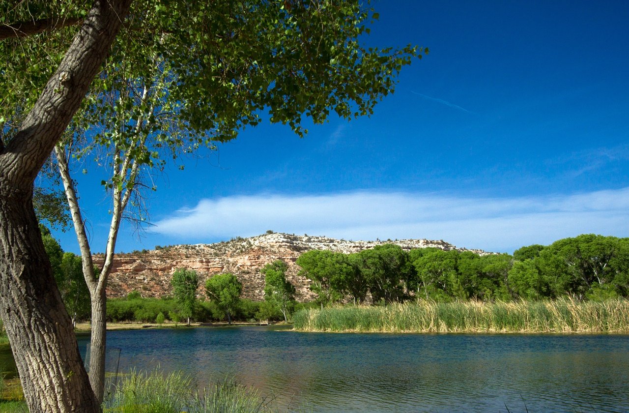View of the lagoon, trees, and mountains at Dead Horse Ranch State Park