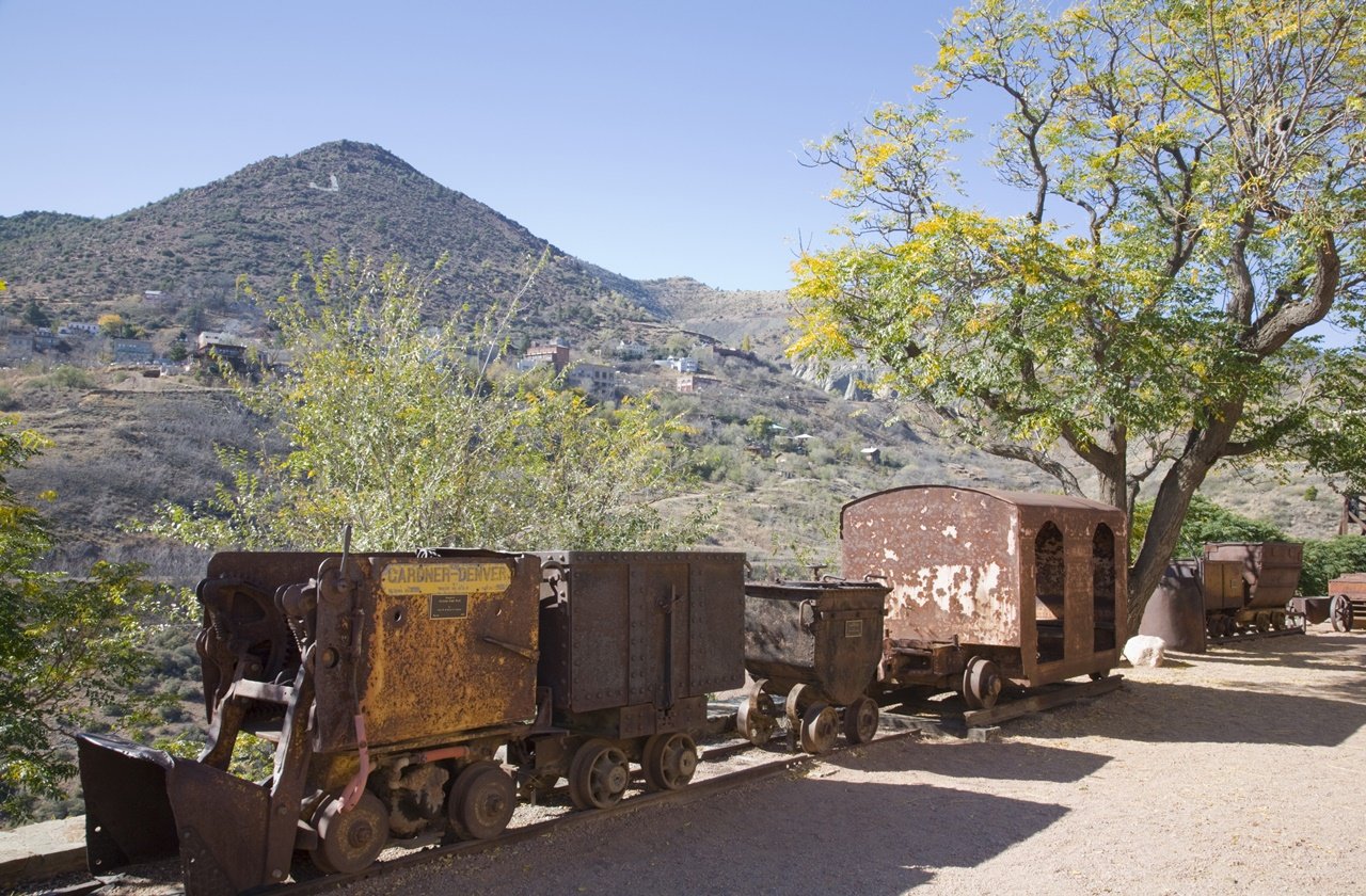 Old mining cars displayed in Jerome State Historic Park