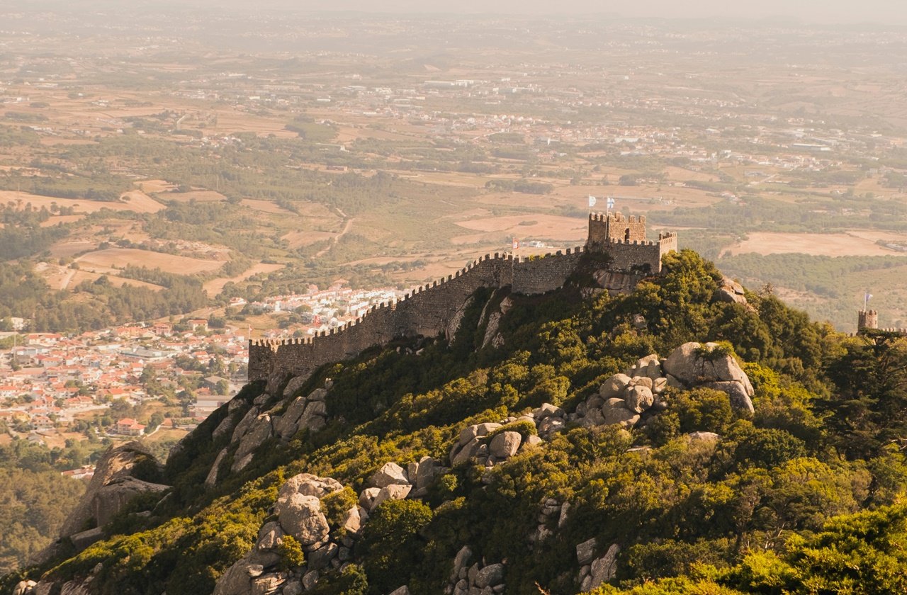 Sintra Portugal Aerial view of the Castle of the Moors overlooking Sintra