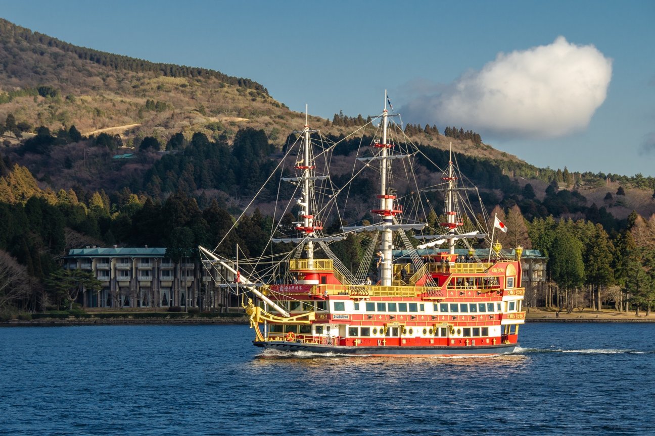 Traditional boat cruising along Lake Ashi in Hakone