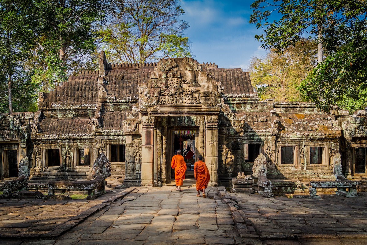 Angkor Wat, Cambodia two monks entering Angkor Wat in Cambodia