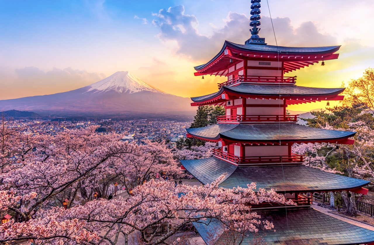 View of Chureito Pagoda overlooking Mount Fuji in springtime View of Chureito Pagoda overlooking Mount Fuji in springtime